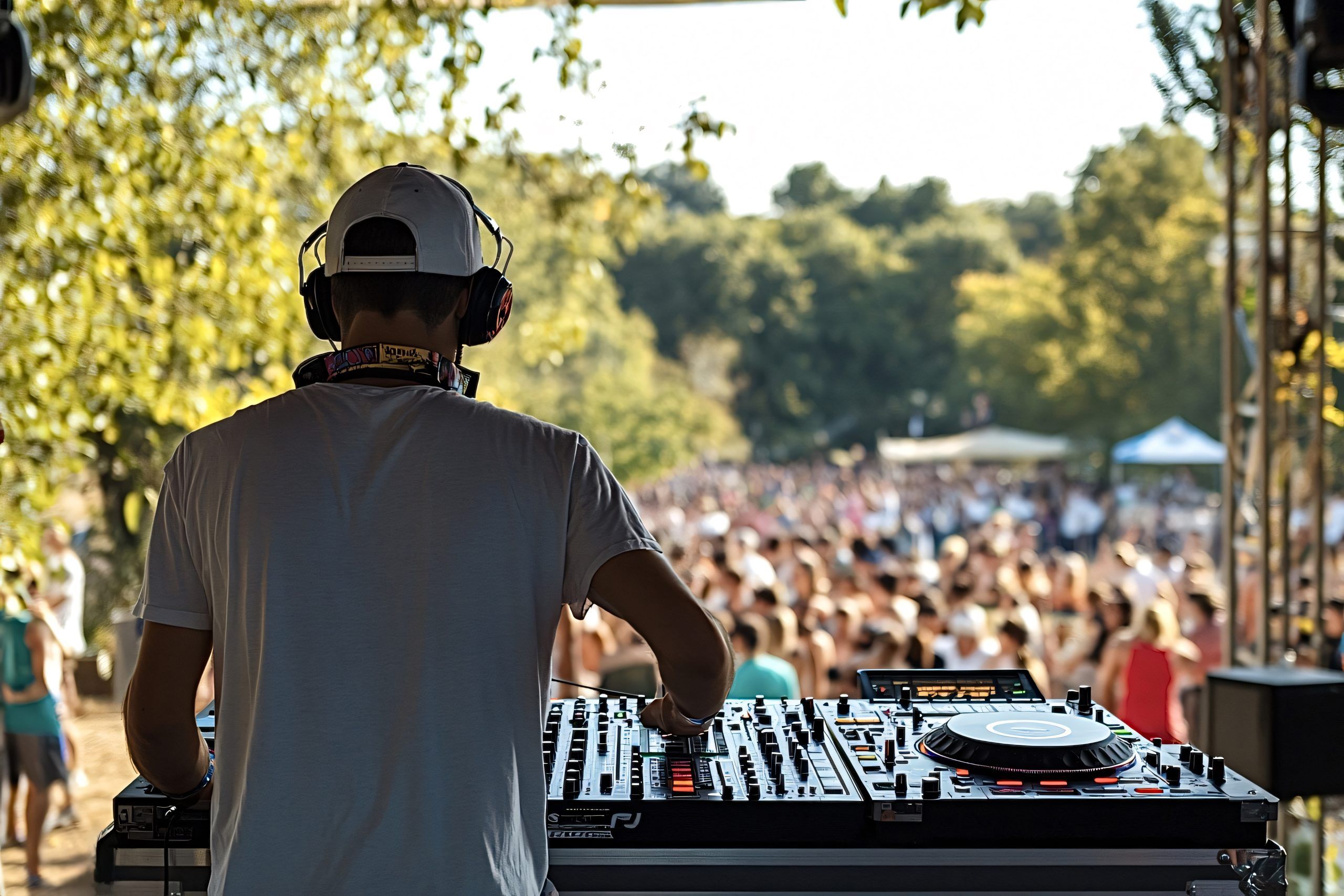 Disc jockey working at music festival with large crowd
